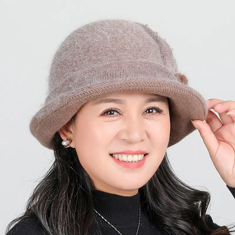 Women's Grey Fleece Winter Cap Hat with Pearl Embellishment