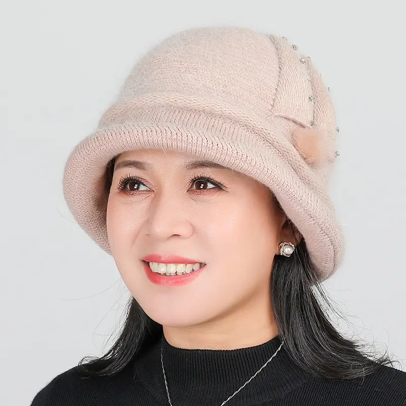 Women's Grey Fleece Winter Cap Hat with Pearl Embellishment