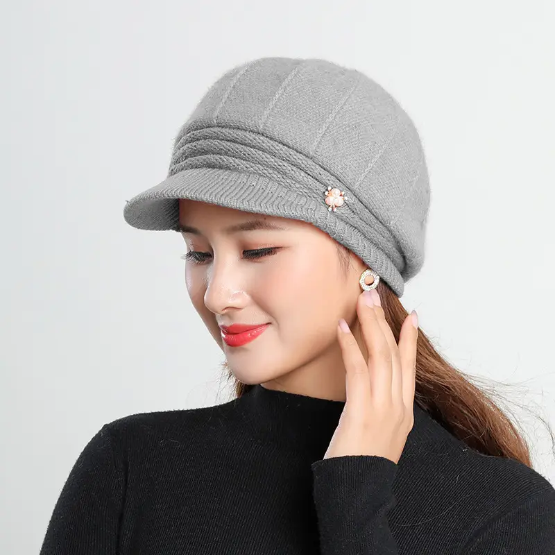 Women's Grey Fleece Winter Cap Hat with Pearl Embellishment