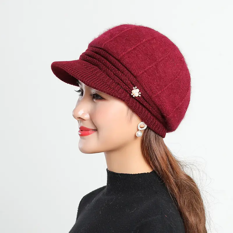 Women's Grey Fleece Winter Cap Hat with Pearl Embellishment
