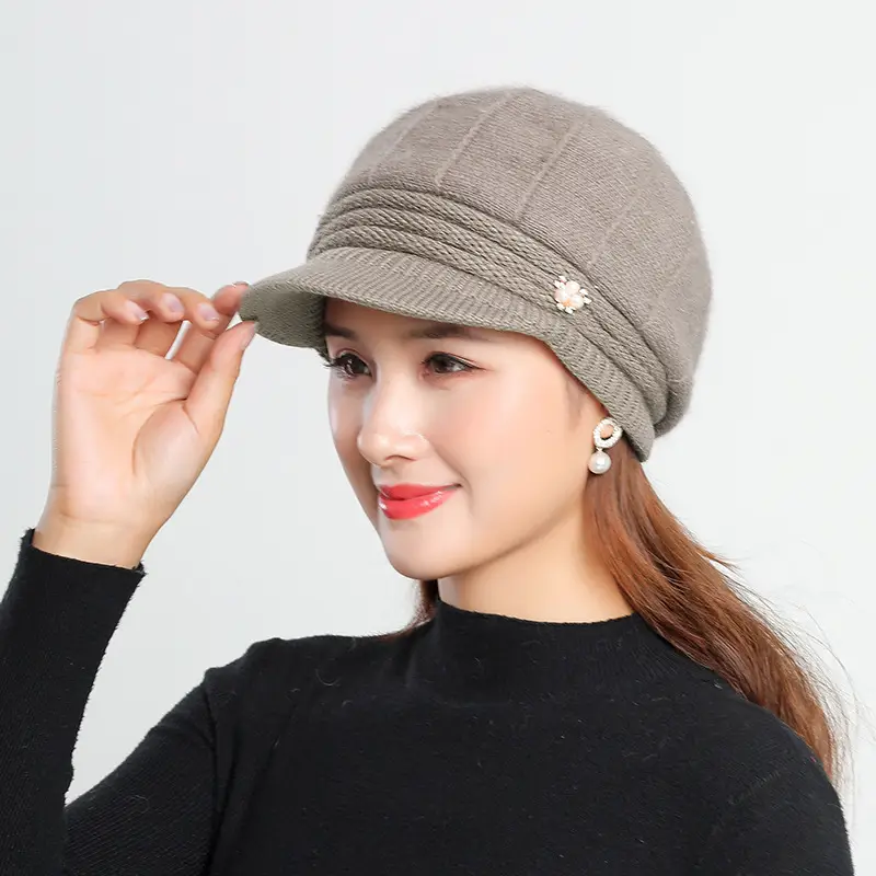 Women's Grey Fleece Winter Cap Hat with Pearl Embellishment