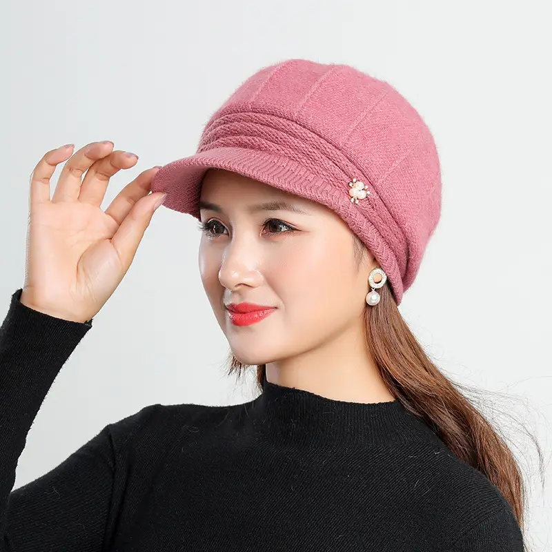 Women's Grey Fleece Winter Cap Hat with Pearl Embellishment