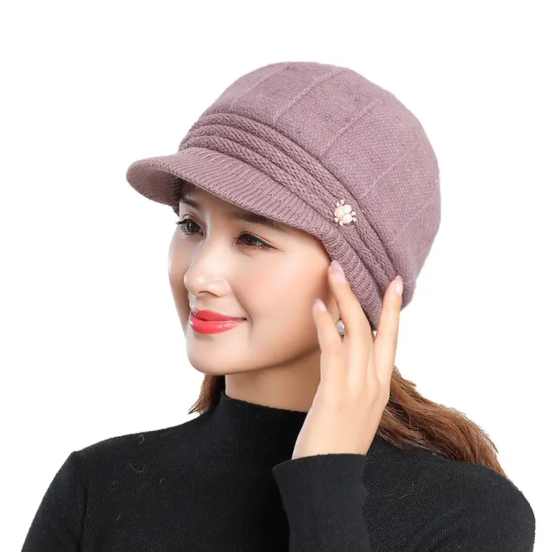 Women's Grey Fleece Winter Cap Hat with Pearl Embellishment