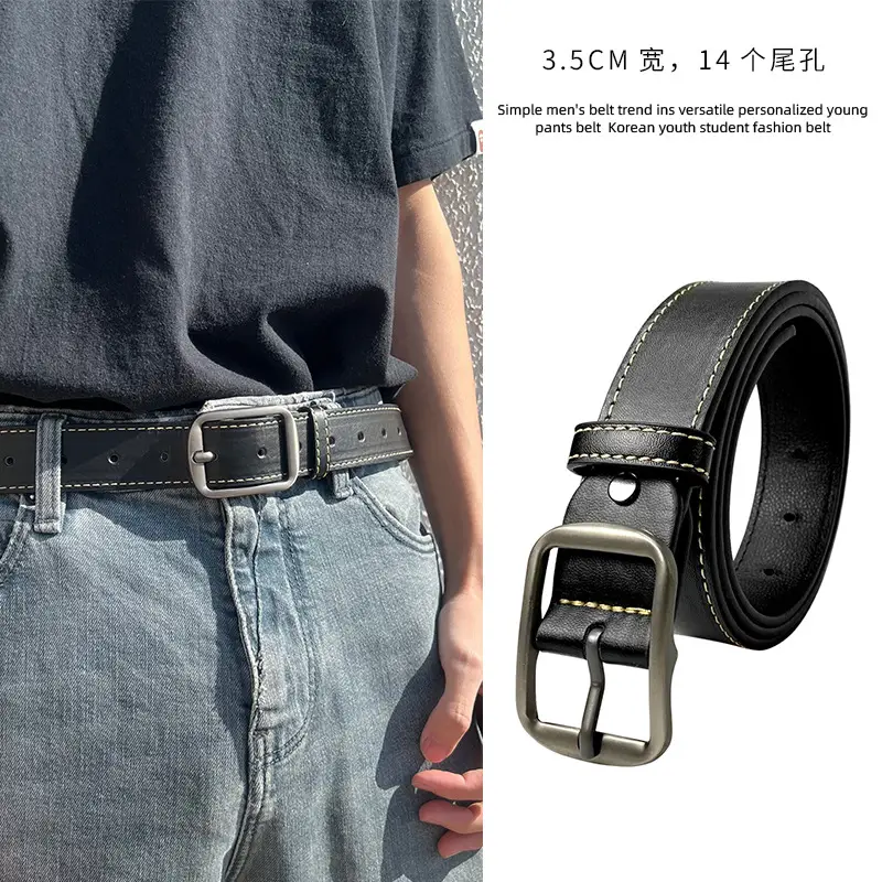 Men's Black Leather Belt with Pin Buckle 3.5cm - Image 2
