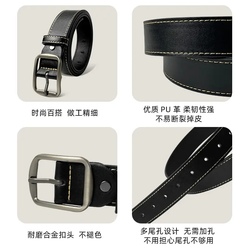 Men's Black Leather Belt with Pin Buckle 3.5cm - Image 4