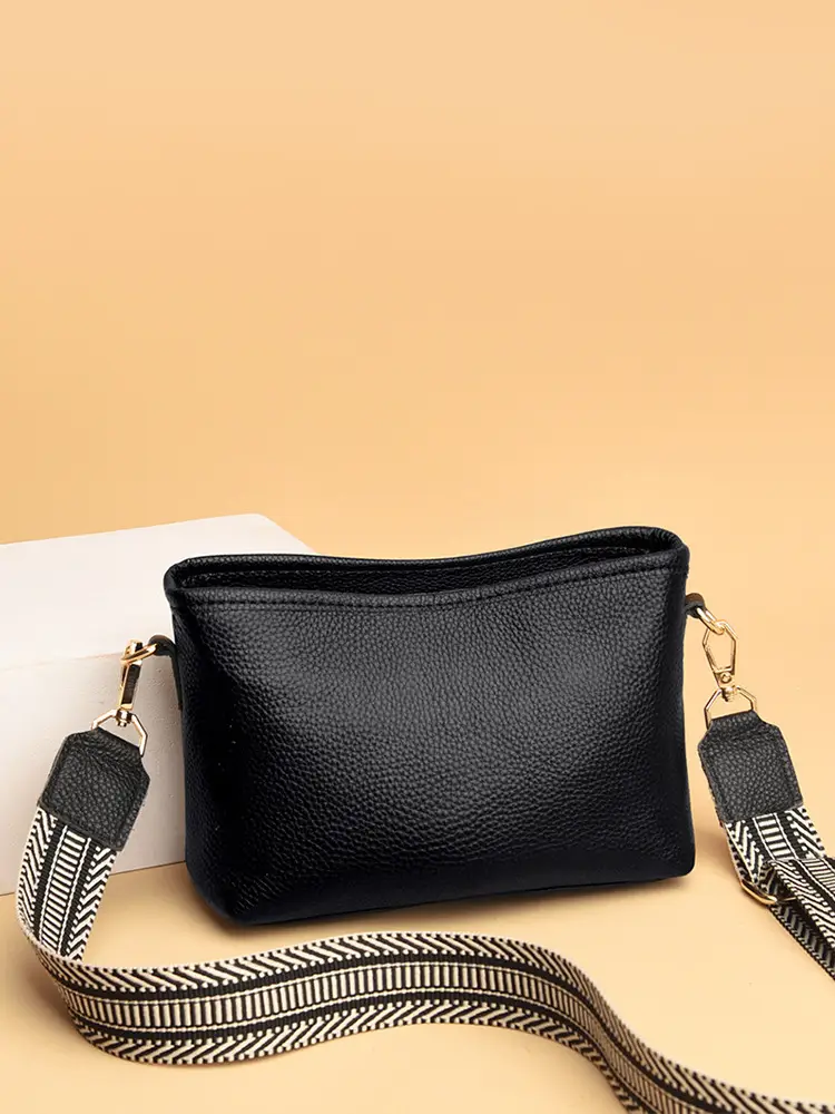 Blue Soft Leather Crossbody Bag with Striped Strap