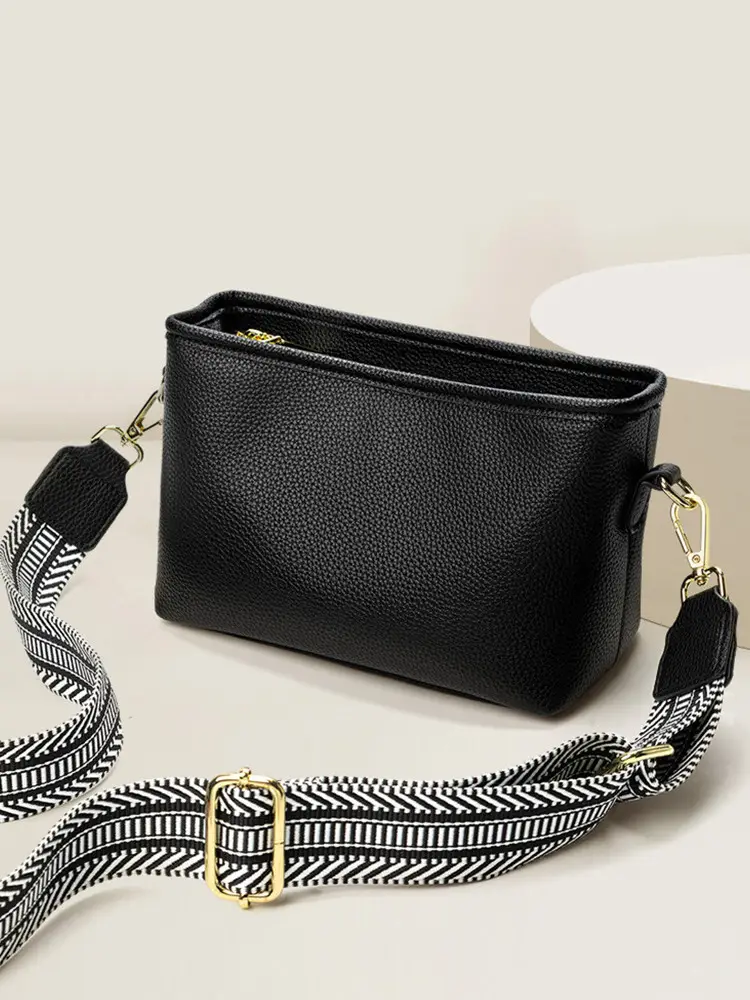 Blue Soft Leather Crossbody Bag with Striped Strap