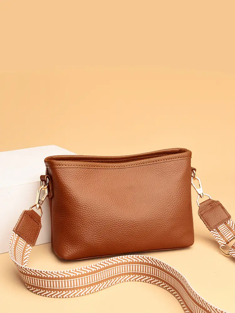 Blue Soft Leather Crossbody Bag with Striped Strap