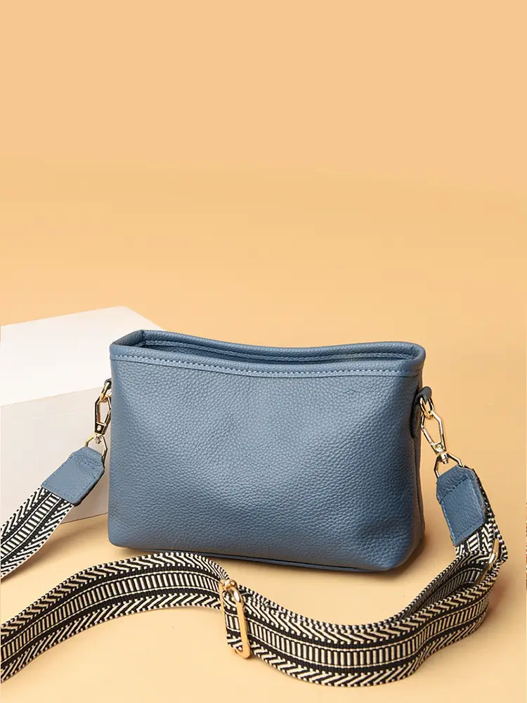 Blue Soft Leather Crossbody Bag with Striped Strap