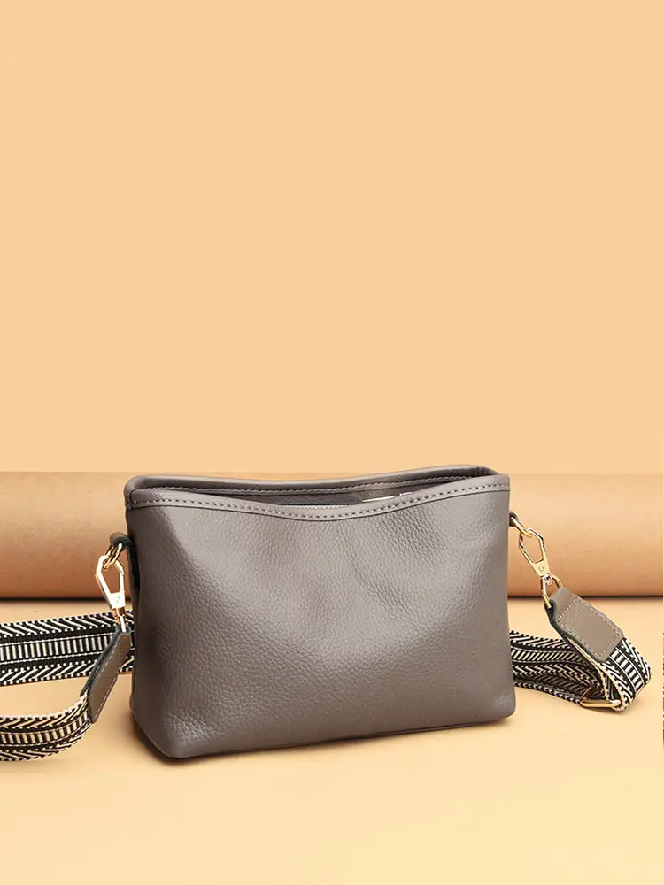 Blue Soft Leather Crossbody Bag with Striped Strap