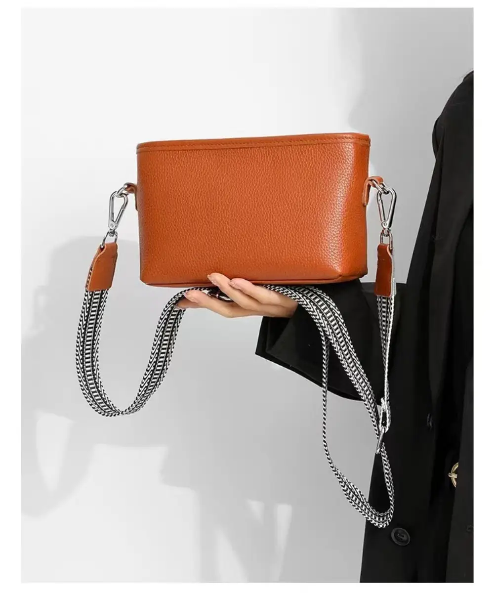 Blue Soft Leather Crossbody Bag with Striped Strap — feature 14