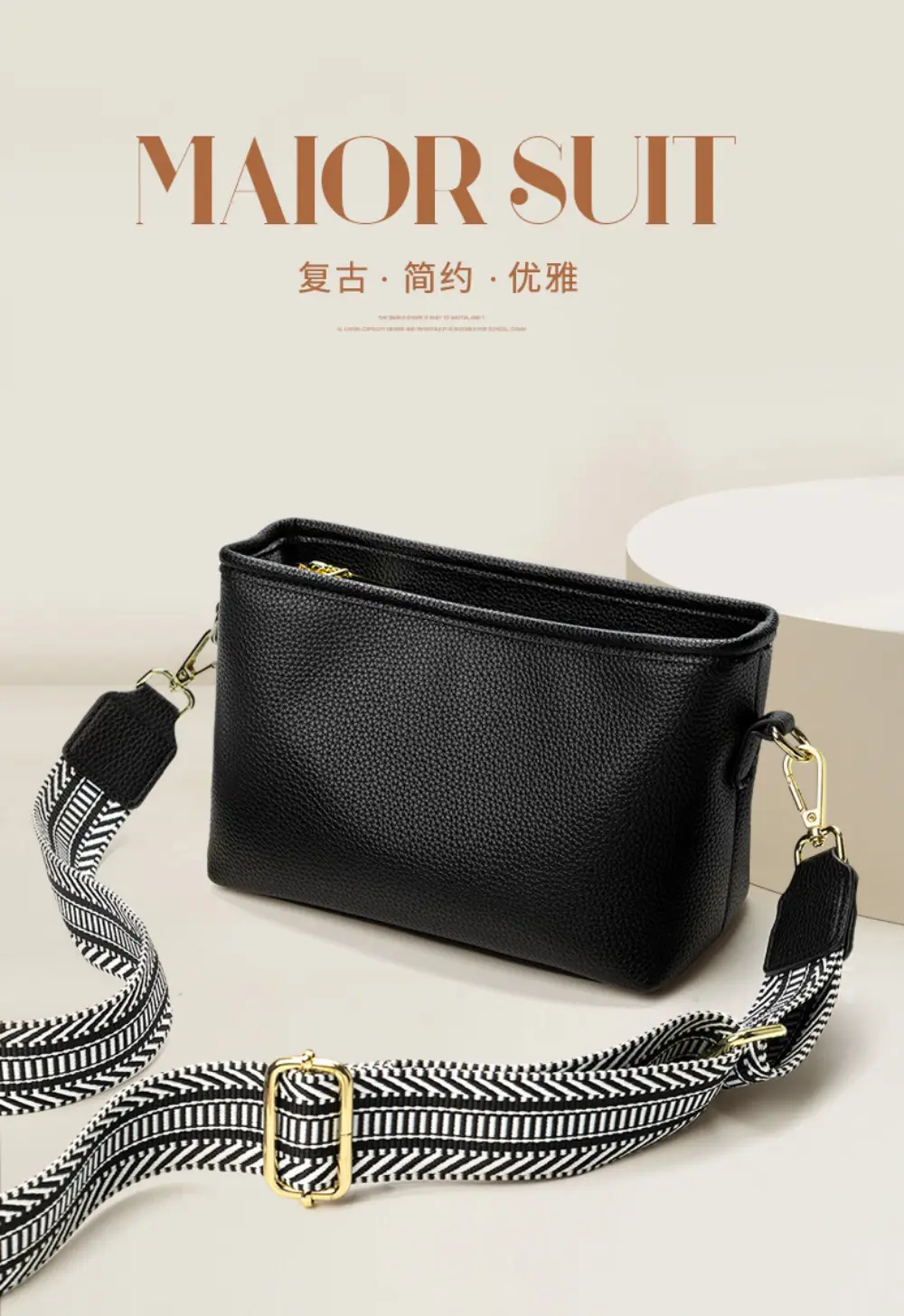 Blue Soft Leather Crossbody Bag with Striped Strap — feature 2