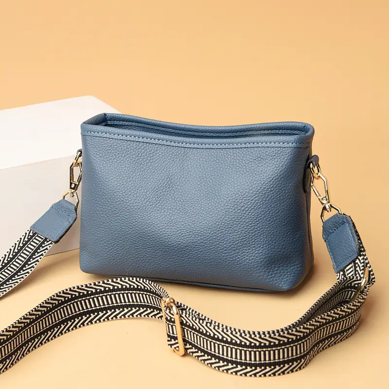 Blue Soft Leather Crossbody Bag with Striped Strap
