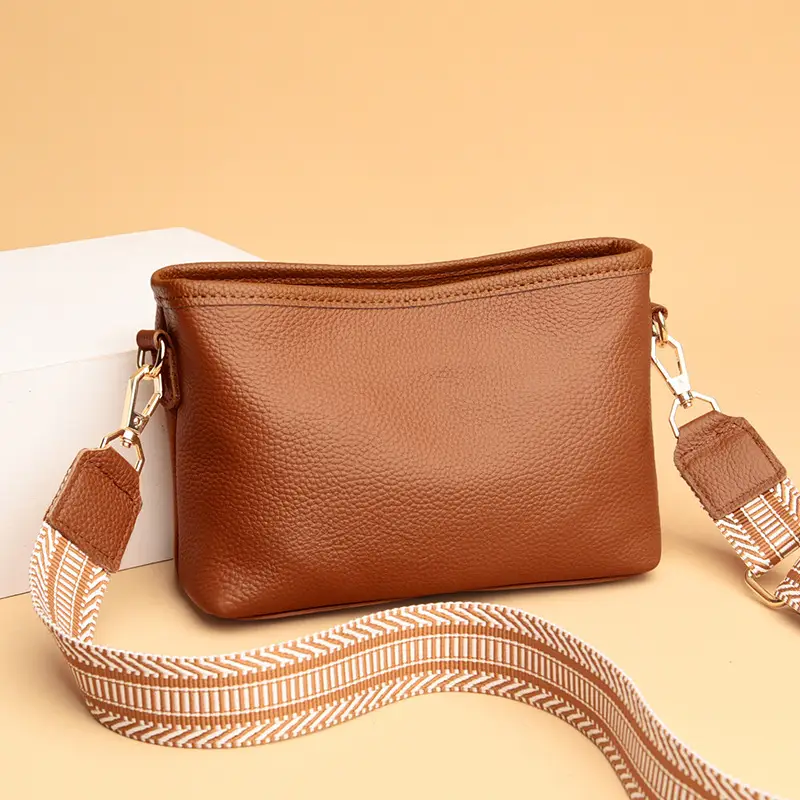 Blue Soft Leather Crossbody Bag with Striped Strap