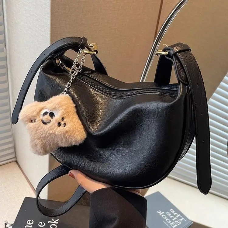 Women's Brown Textured Shoulder Bag with Faux Fur Charm