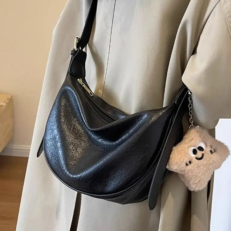 Women's Brown Textured Shoulder Bag with Faux Fur Charm