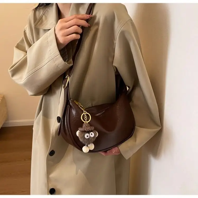 Women's Brown Textured Shoulder Bag with Faux Fur Charm — feature 16