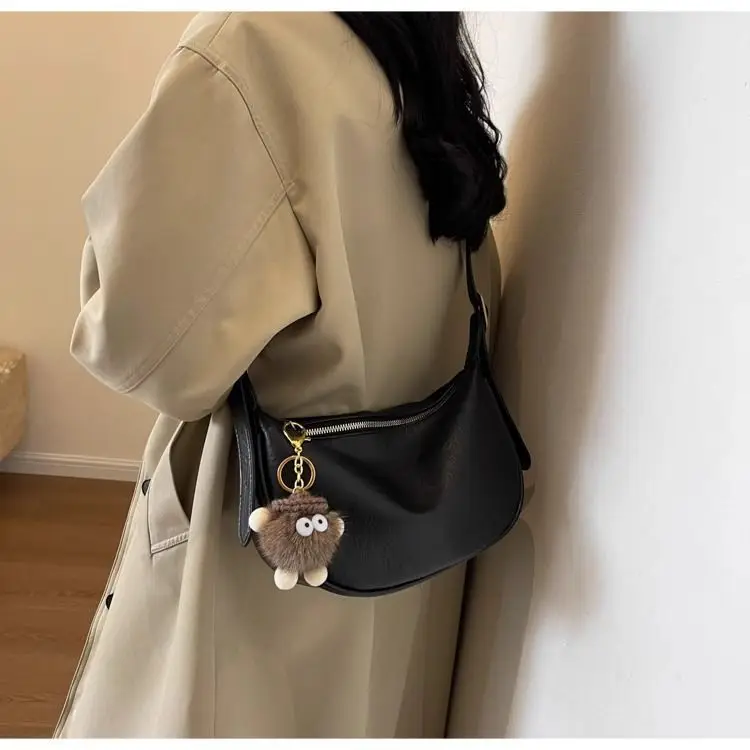 Women's Brown Textured Shoulder Bag with Faux Fur Charm — feature 17