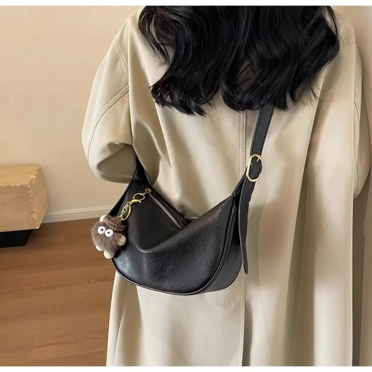 Women's Brown Textured Shoulder Bag with Faux Fur Charm — feature 18