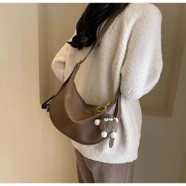 Women's Brown Textured Shoulder Bag with Faux Fur Charm — feature 19