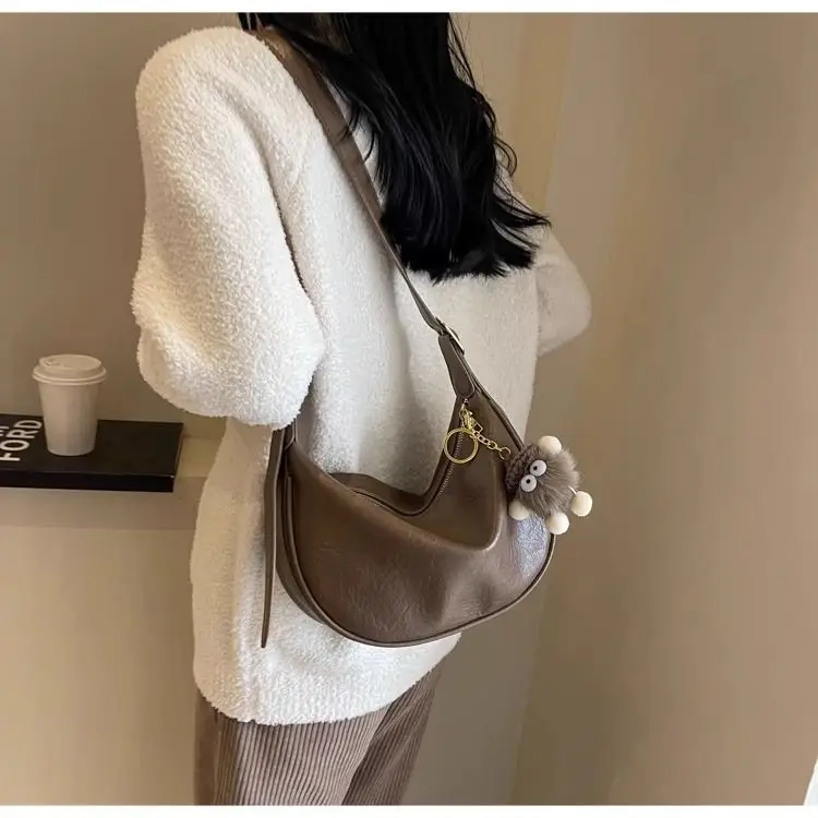 Women's Brown Textured Shoulder Bag with Faux Fur Charm — feature 20