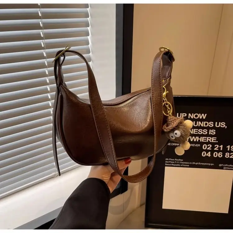 Women's Brown Textured Shoulder Bag with Faux Fur Charm — feature 23