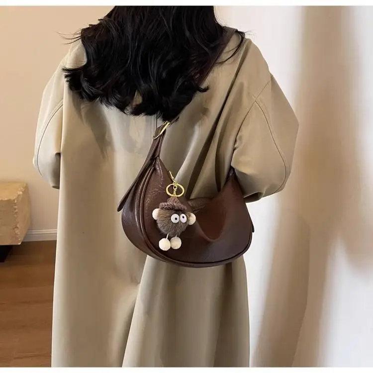 Women's Brown Textured Shoulder Bag with Faux Fur Charm — feature 5