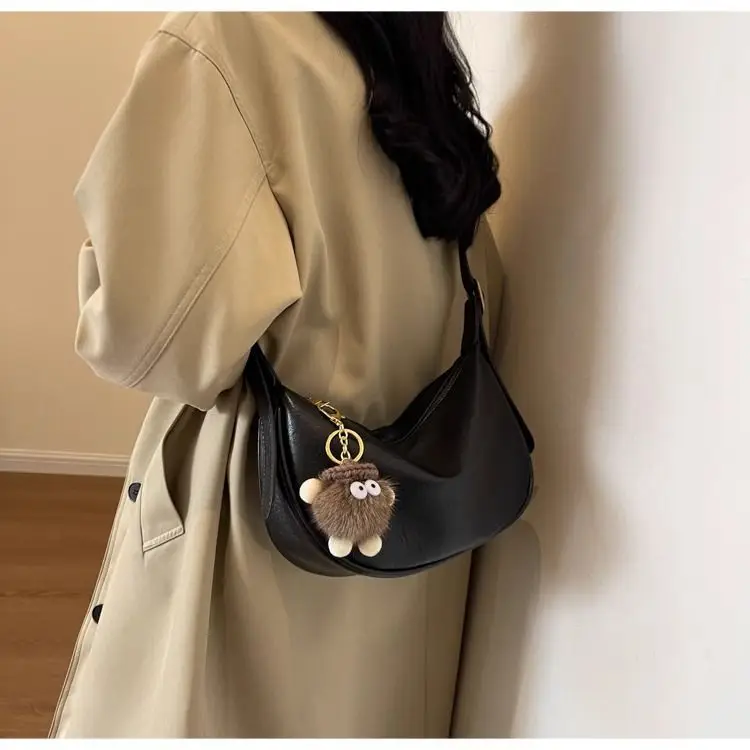Women's Brown Textured Shoulder Bag with Faux Fur Charm — feature 6