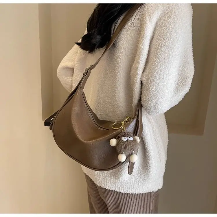 Women's Brown Textured Shoulder Bag with Faux Fur Charm — feature 7
