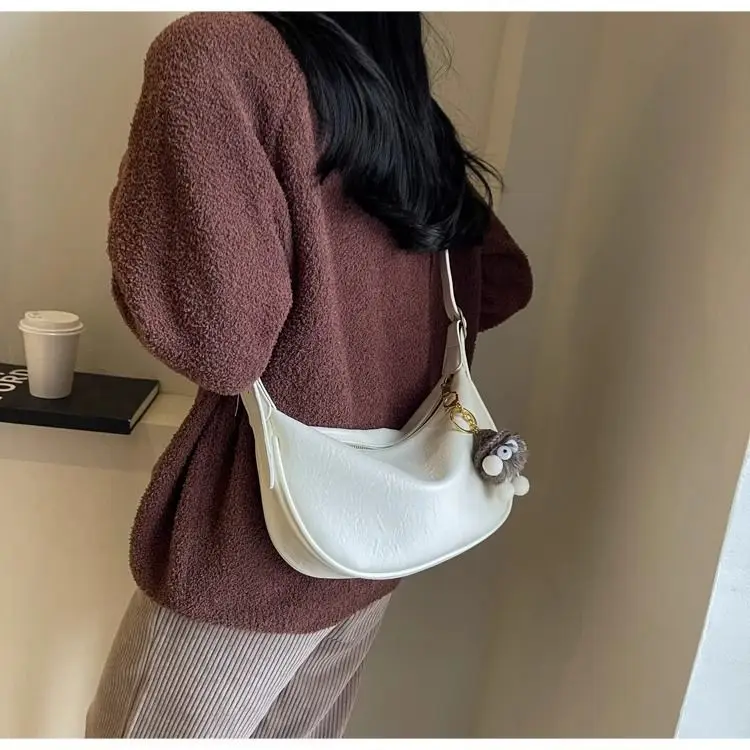 Women's Brown Textured Shoulder Bag with Faux Fur Charm — feature 8