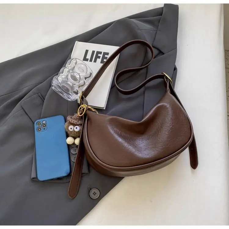 Women's Brown Textured Shoulder Bag with Faux Fur Charm — feature 9