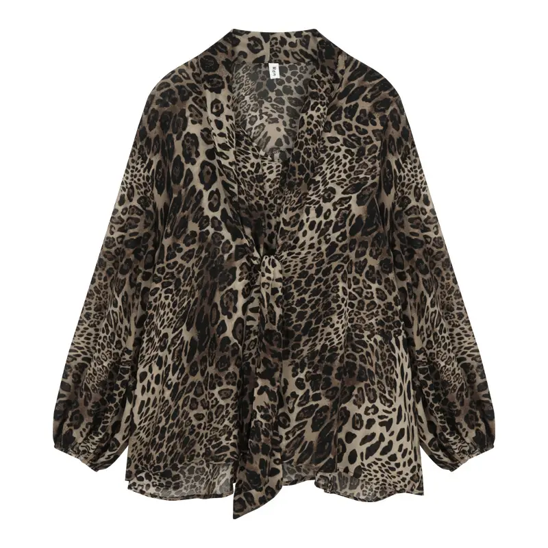 Leopard Print Long Sleeve V-Neck T-Shirt Women - Image 6