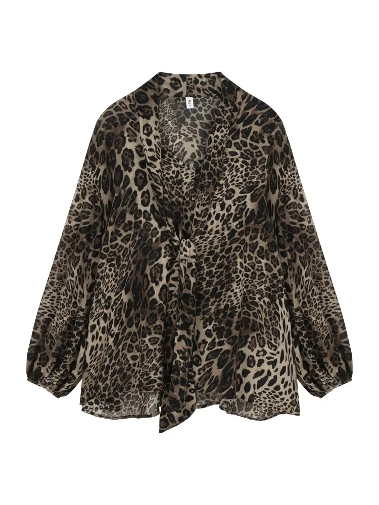 Leopard Print Long Sleeve V-Neck T-Shirt Women — feature 18