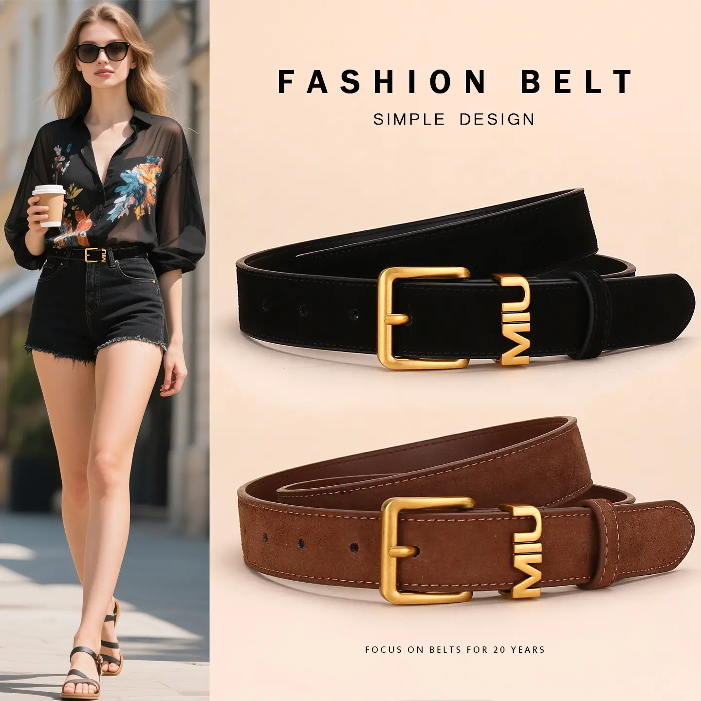 Women's Matte Suede Belt with Gold Buckle - Image 5