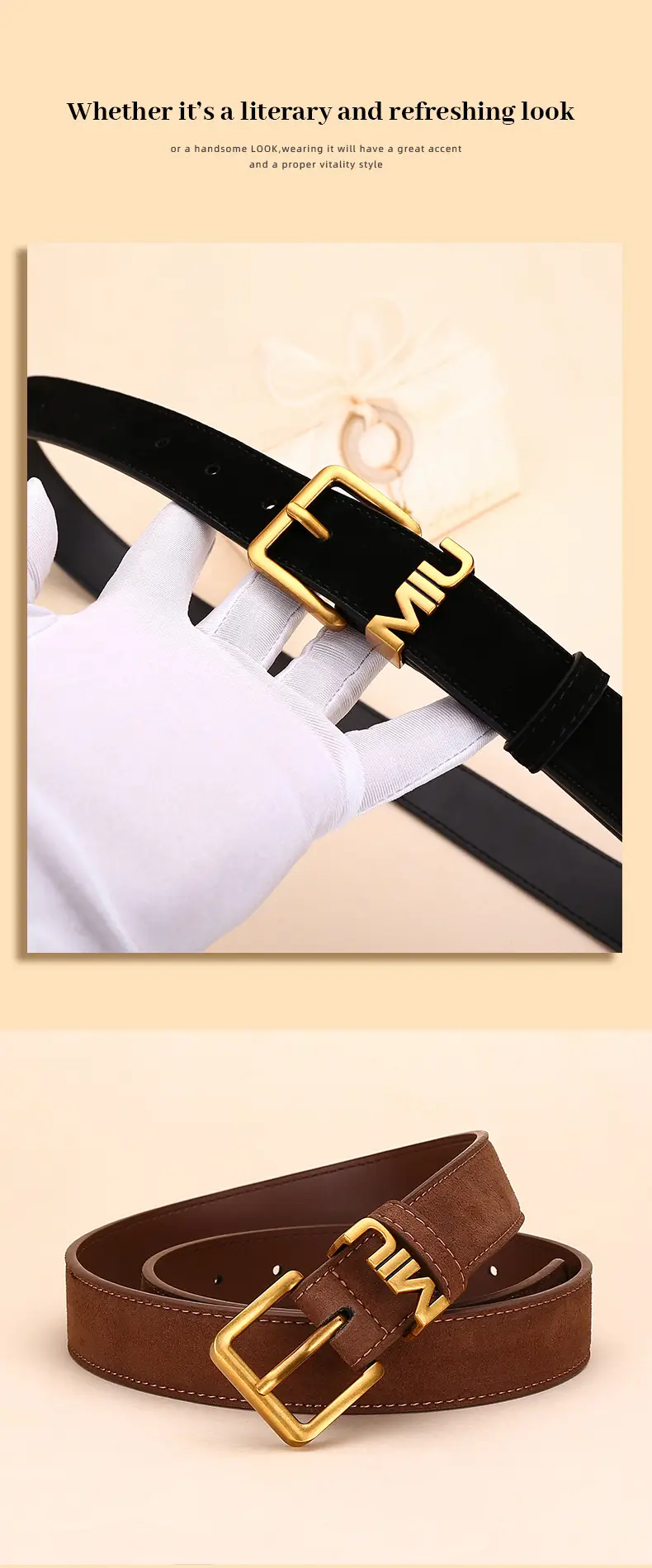 Women's Matte Suede Belt with Gold Buckle — feature 16