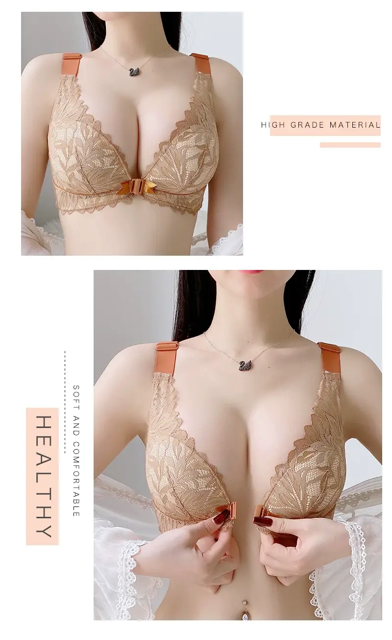 plus size Beautiful Back Front Buckle Bra No Steel Ring Push-up Thickened Adjustable Sexy Lace Underwear Women's Thin suit — feature 14