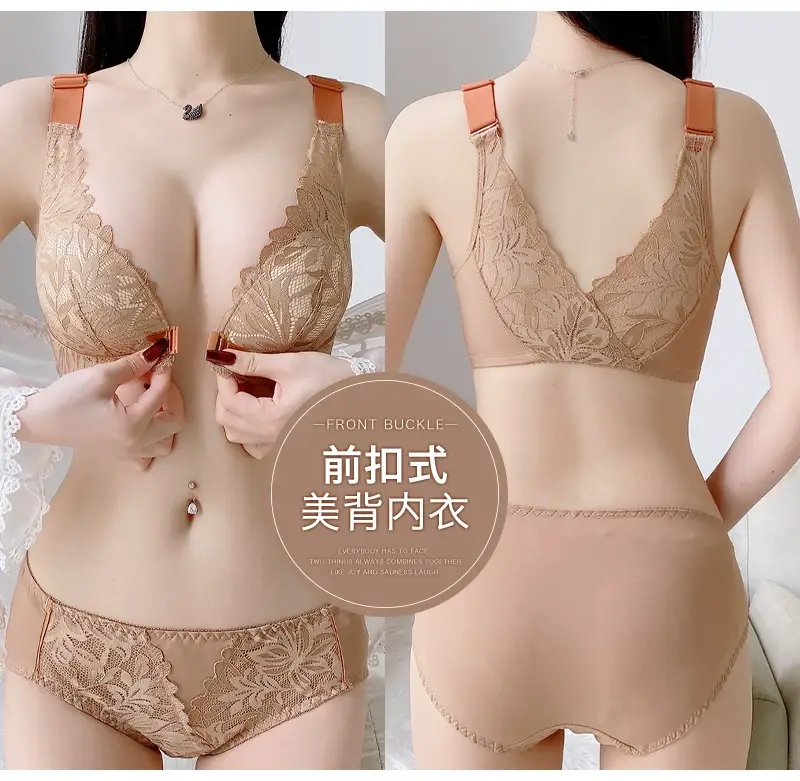 plus size Beautiful Back Front Buckle Bra No Steel Ring Push-up Thickened Adjustable Sexy Lace Underwear Women's Thin suit — feature 5