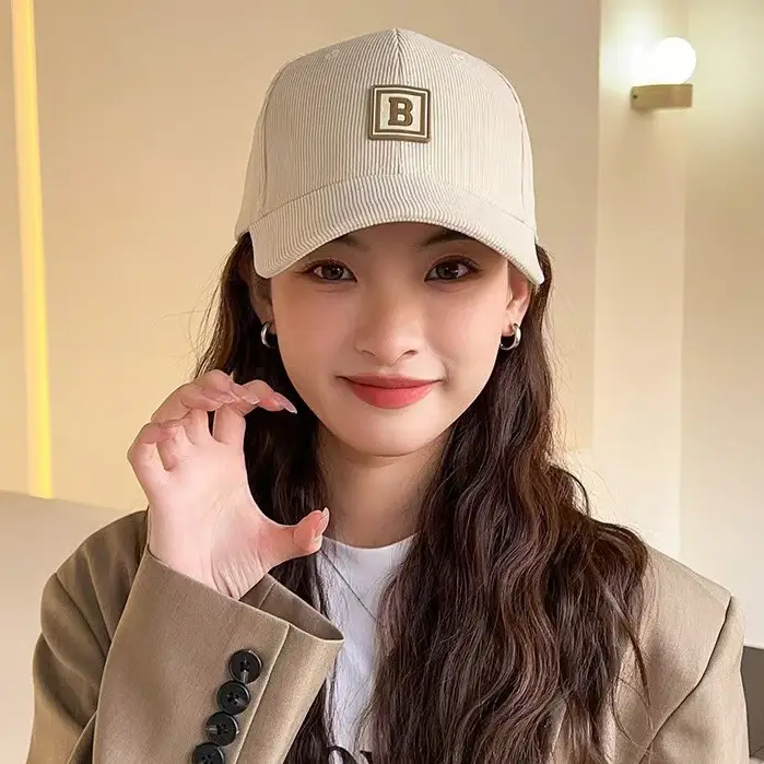 Women's Maroon Korean-style Corduroy Cap with Letter Patch - Image 6