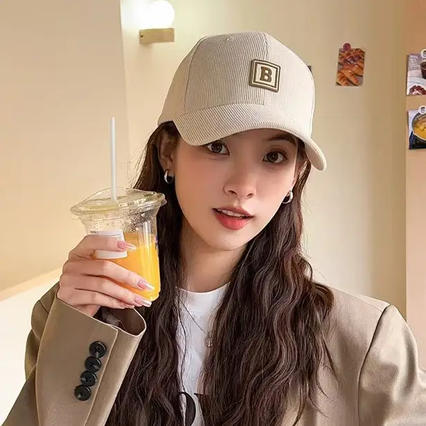 Women's Maroon Korean-style Corduroy Cap with Letter Patch - Image 7