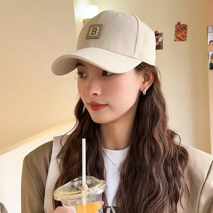 Women's Maroon Korean-style Corduroy Cap with Letter Patch — feature 5