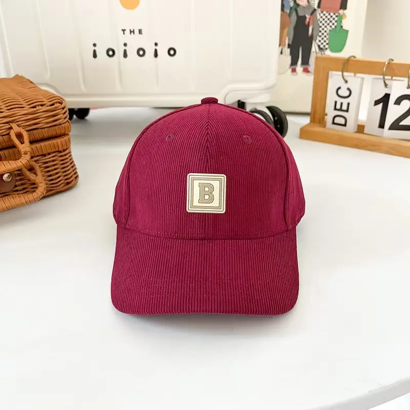 Women's Maroon Korean-style Corduroy Cap with Letter Patch - Image 4