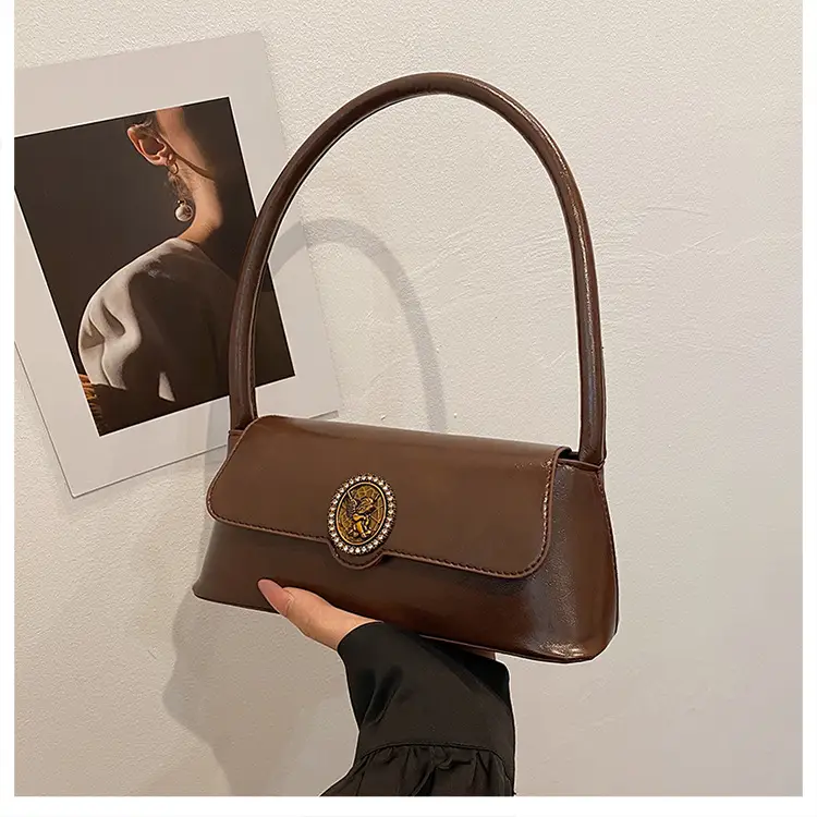 Women's Elegant Brown Leather Shoulder Bag with Crystal Clasp