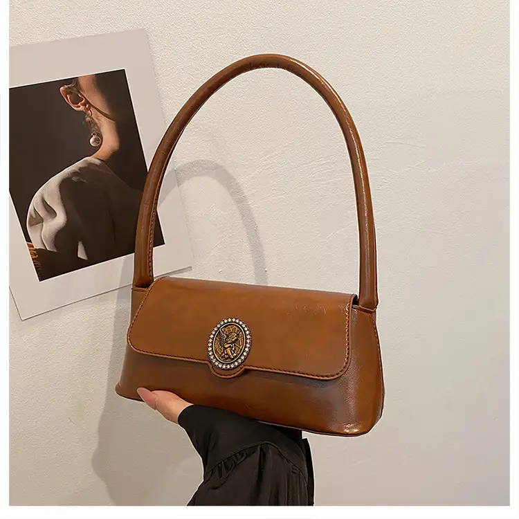 Women's Elegant Brown Leather Shoulder Bag with Crystal Clasp