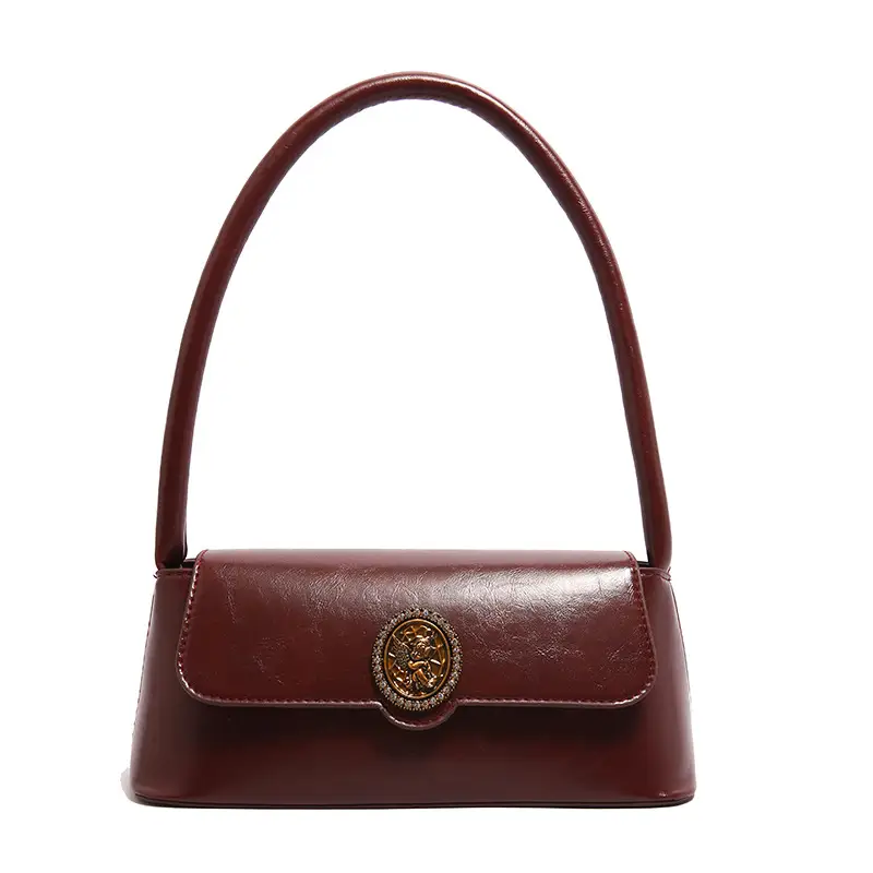 Women's Elegant Brown Leather Shoulder Bag with Crystal Clasp