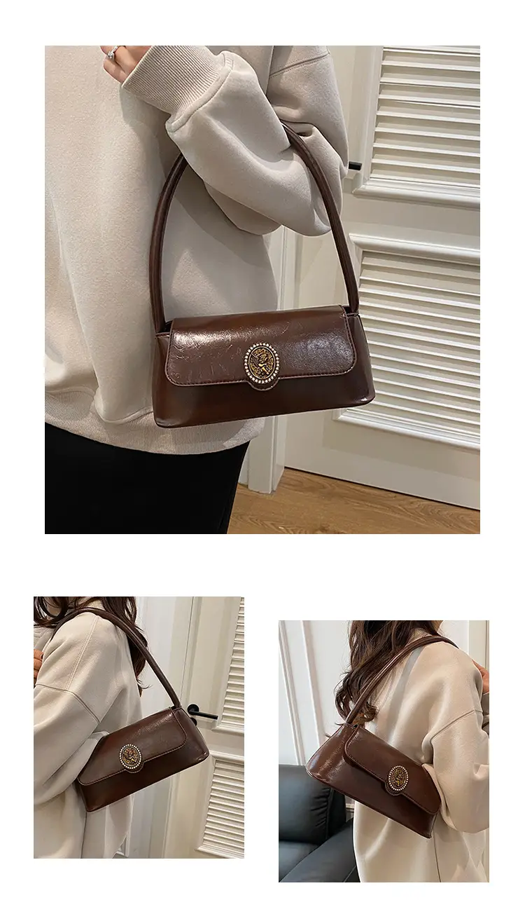 Women's Elegant Brown Leather Shoulder Bag with Crystal Clasp — feature 12