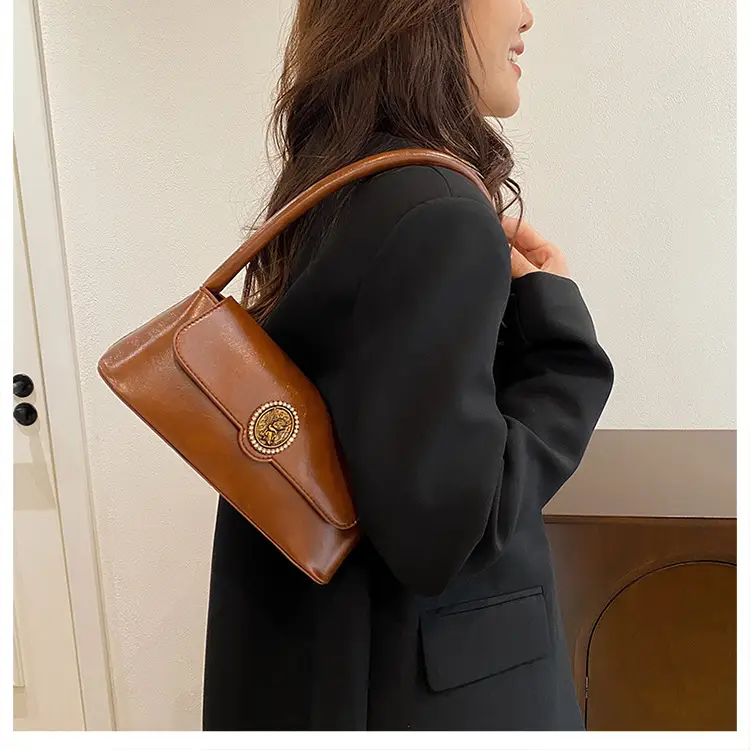 Women's Elegant Brown Leather Shoulder Bag with Crystal Clasp — feature 24