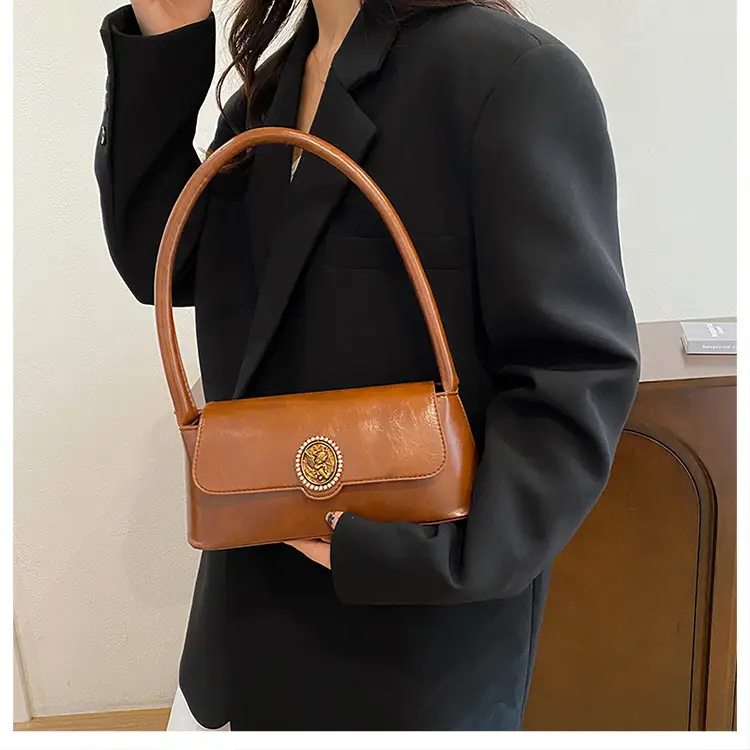 Women's Elegant Brown Leather Shoulder Bag with Crystal Clasp — feature 25