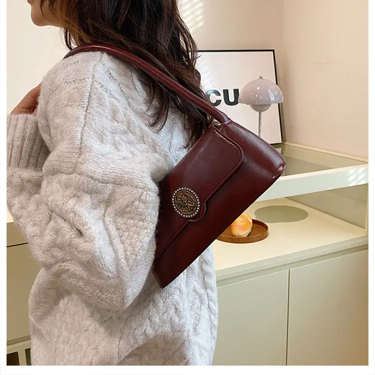 Women's Elegant Brown Leather Shoulder Bag with Crystal Clasp — feature 33