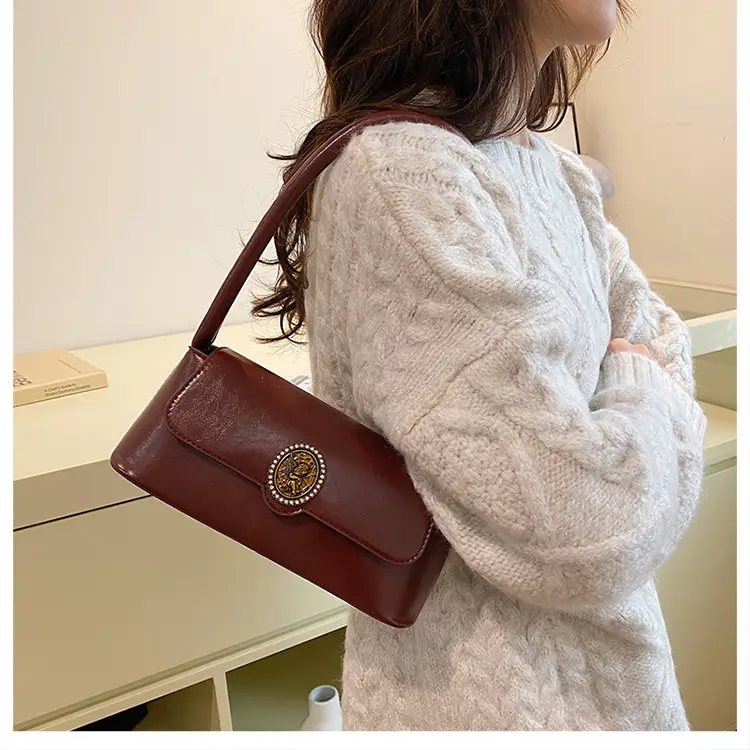 Women's Elegant Brown Leather Shoulder Bag with Crystal Clasp — feature 34