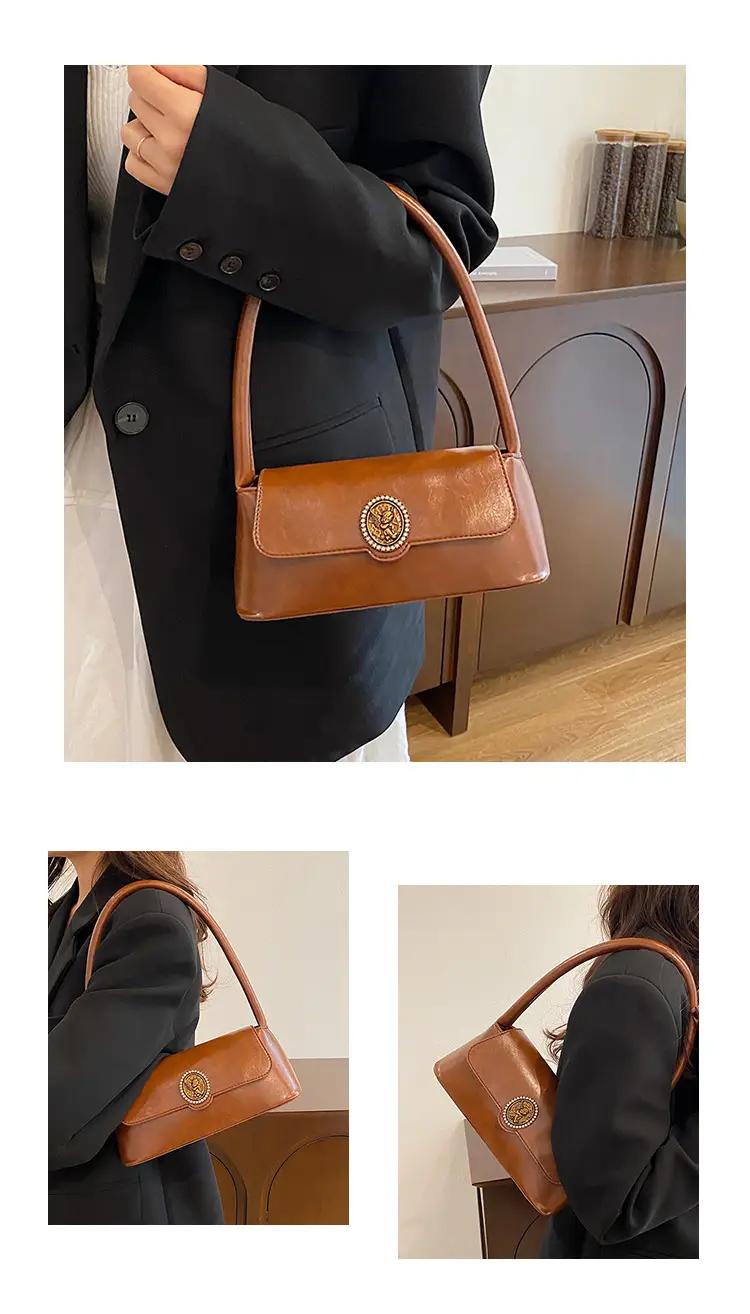 Women's Elegant Brown Leather Shoulder Bag with Crystal Clasp — feature 9